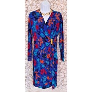 Chaps Dress Womens Size 6 Blue Floral Midi Faux Wrap V-neck Stretch Long Sleeve